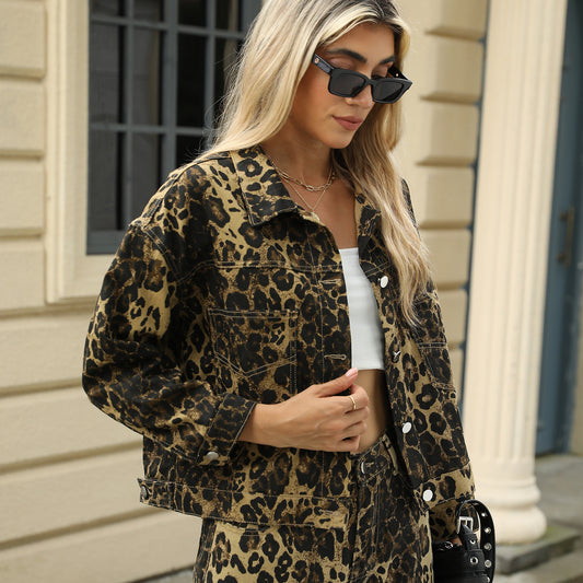 Washed Leopard Print Denim Coat Jacket