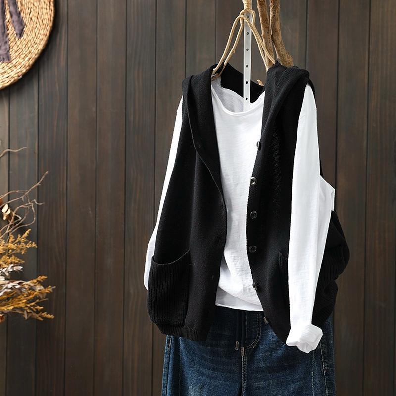 Hooded Knitted Vest Female Artistic Relaxed-fit Casual