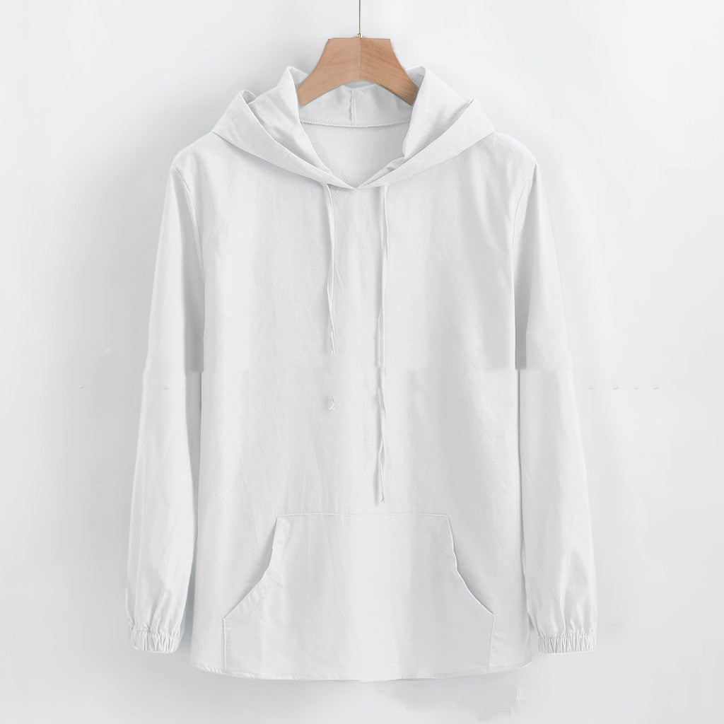 Men's Long-sleeved Hooded Cotton And Linen Shirt