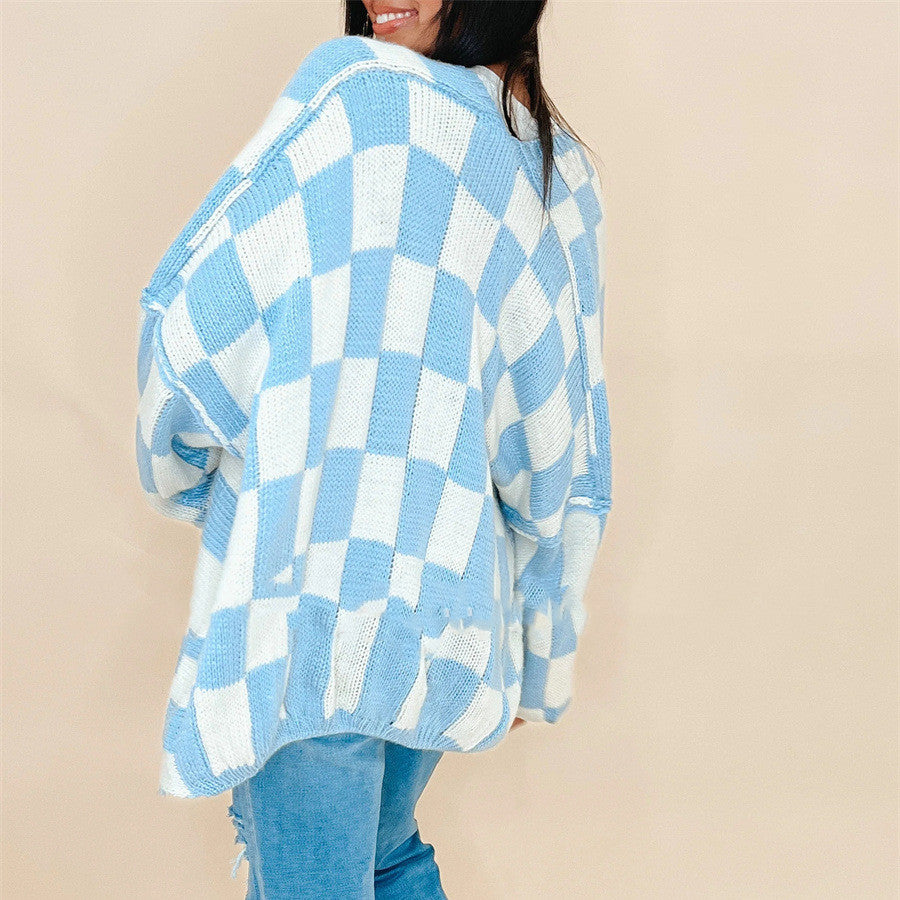 Fashion Plaid Women's Coat Sweater Stitching
