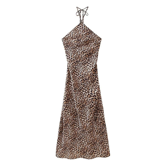 Women's Leopard Print Halter Silk Satin Dress