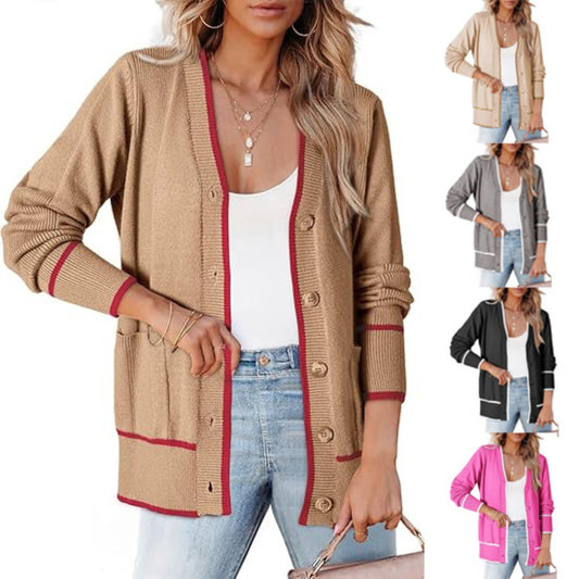 Women's Knitted Button Coat Color Matching Sweater