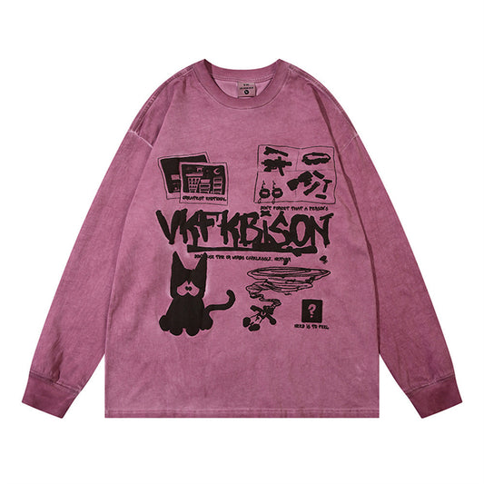 Waste Soil Street Fashion Abstract Printing Distressed Washed Long-sleeved T-shirt For Men