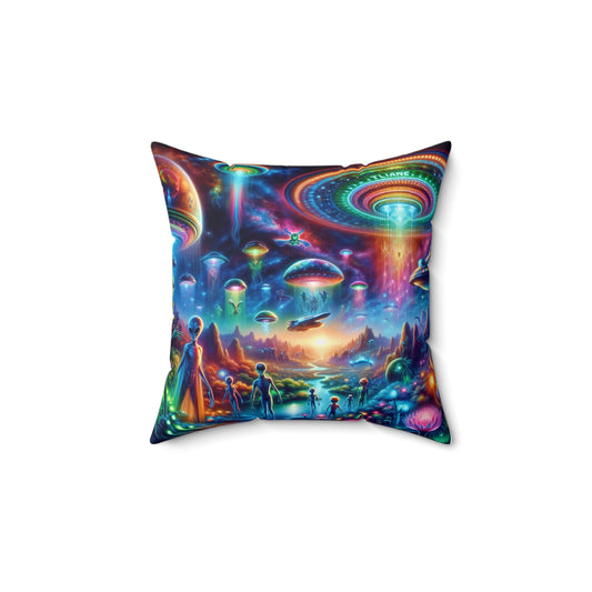 Cosmic Alien Adventure Throw Pillow - Colorful Spun Polyester Cushion for Home Decor