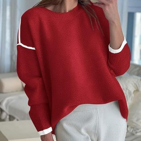 Women's Knitted Sweater With Round Neck Multicolor Cuffs