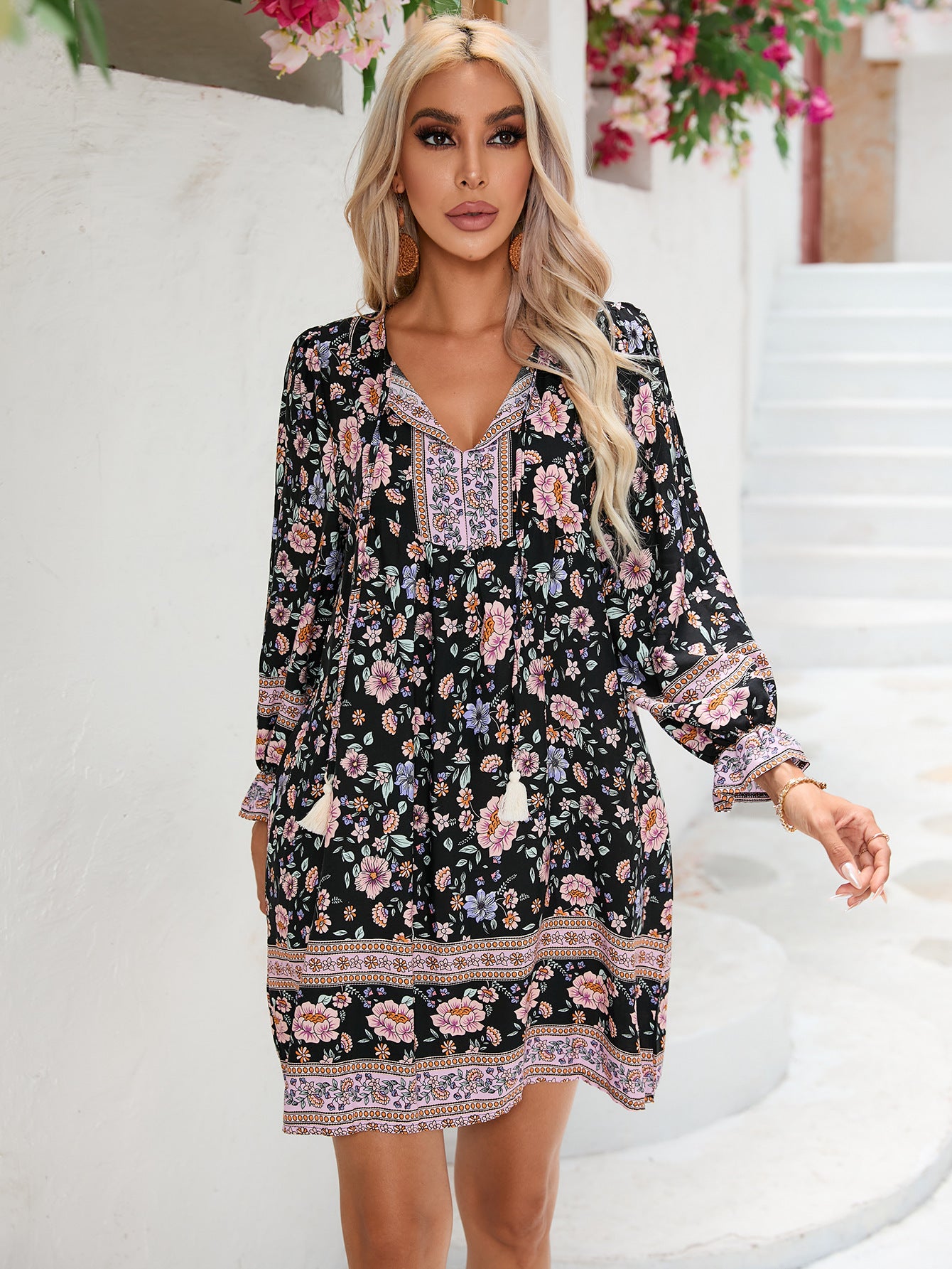 Long Sleeve Bohemian Leisure Vacation Positioning Flower Dress