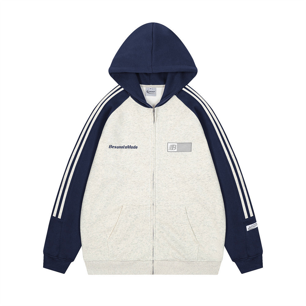Patchwork Contrast Color Raglan Hooded Sweater Street Fashion American Retro Men