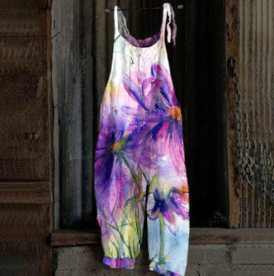 Women's Printed Street Hipster Fashion Multi-color Cotton And Linen Suspender Jumpsuit