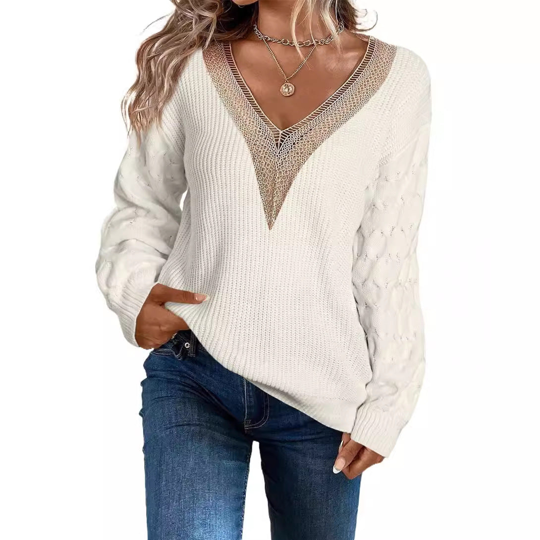 Sexy Lace V-neck Knitted Drop-shoulder Pullover Sweater Top