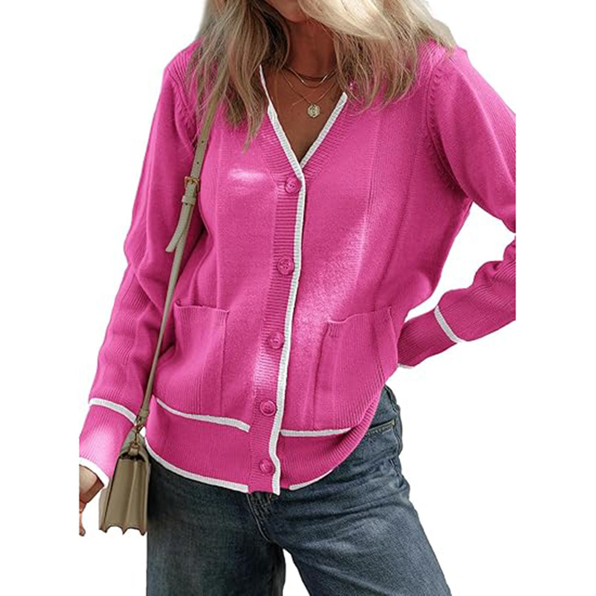 Women's Knitted Button Coat Color Matching Sweater
