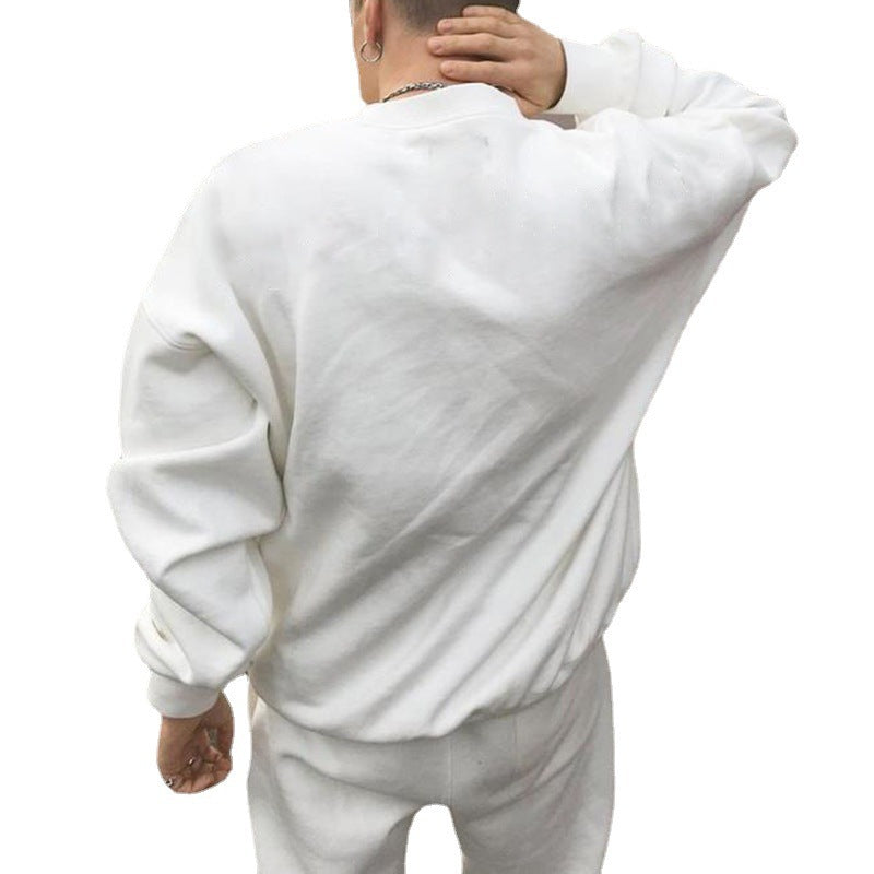 Solid Color Loose Trendy Round Neck Autumn Winter Sweater Suit Men