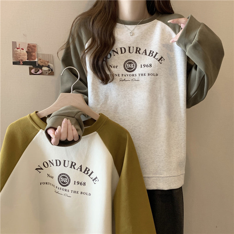 Contrast Color Raglan Long Sleeve Hooded Printed Women