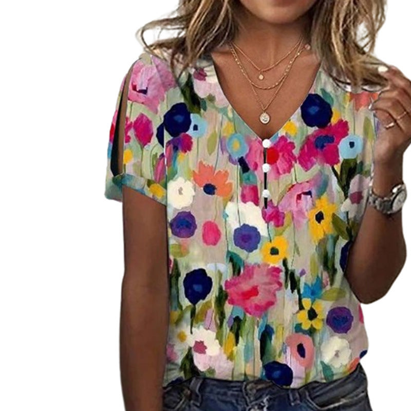 Fashionable All-match Watercolor Floral V-neck Short Sleeve