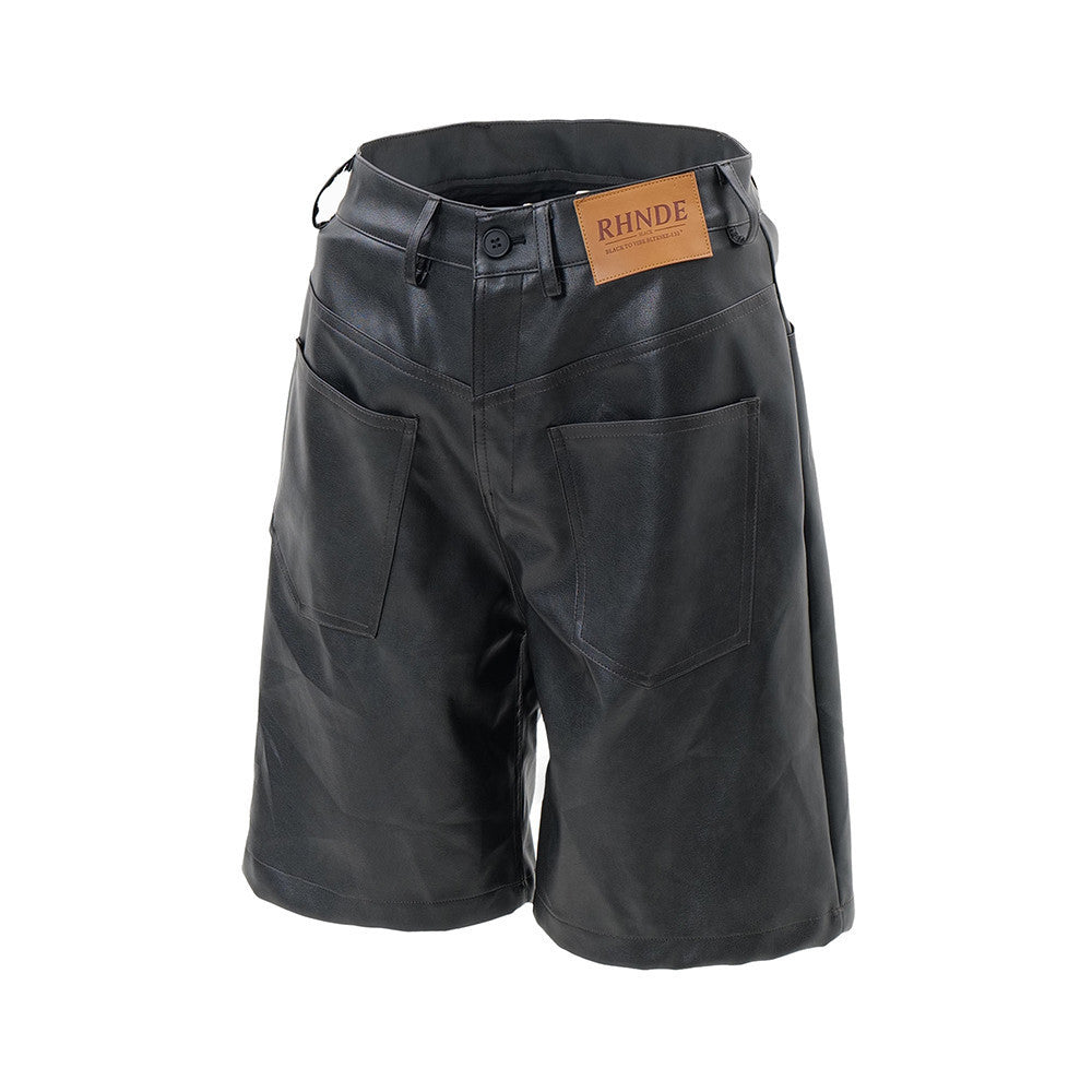 Men's Loose Cool Straight Pocket Inside-out Wear Design PU Leather Shorts