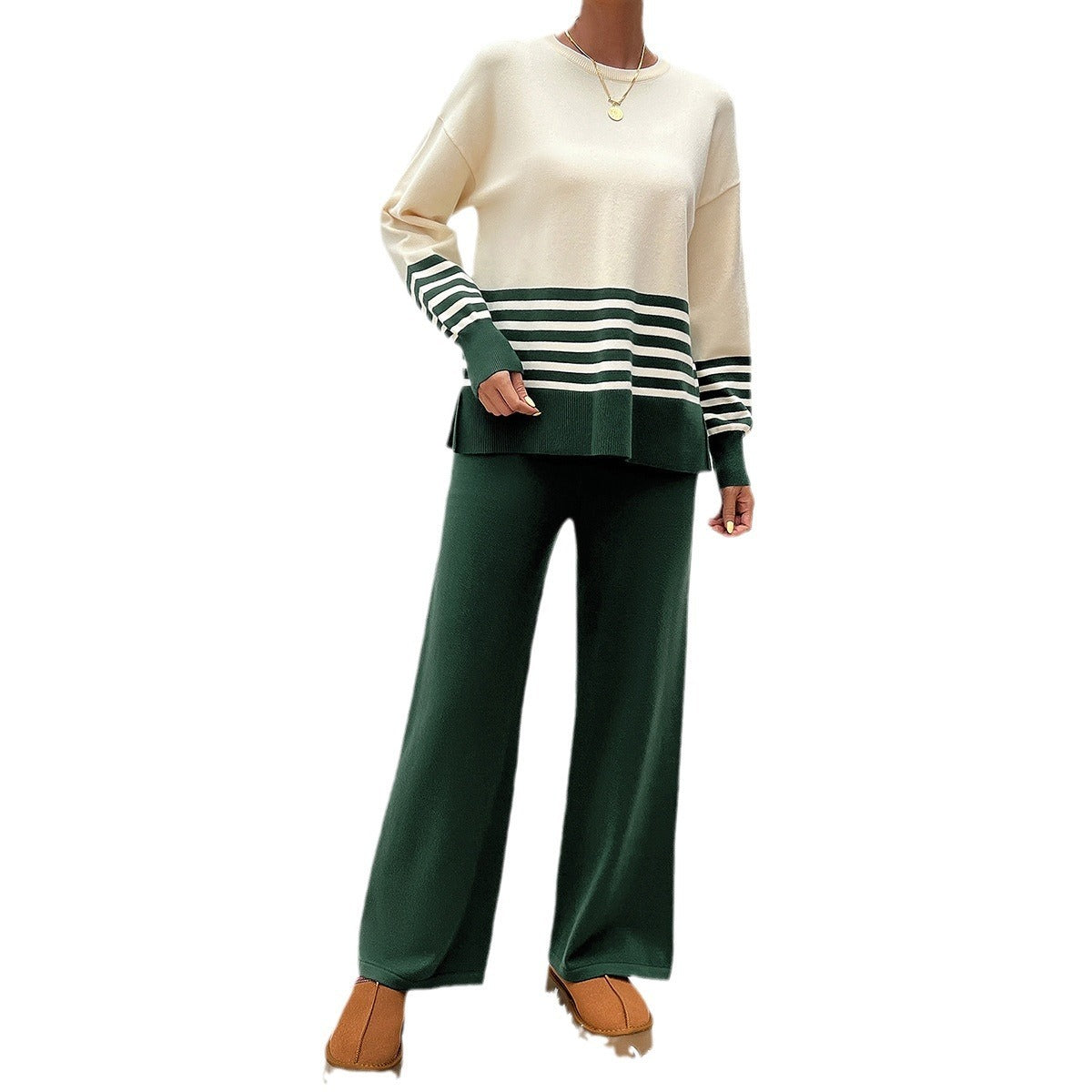 Contrast Color Straight-leg Trousers Sweater Suit