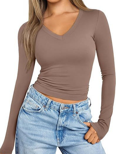 Long Sleeve Tops V-neck Slim Women's T-shirt