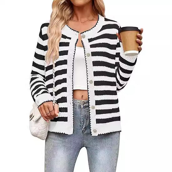 Women's Striped Sweater Button Knit