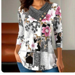 New Women's Clothing Cross-border Foreign Trade Casual 3D Printing V-neck Long Sleeve Top