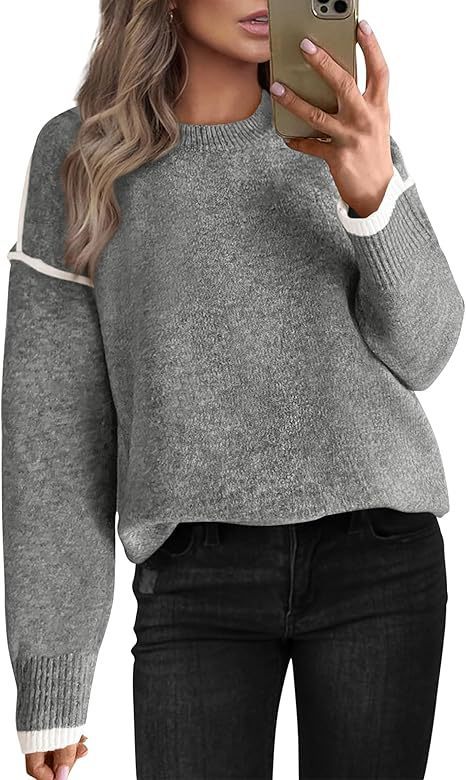 Women's Knitted Sweater With Round Neck Multicolor Cuffs