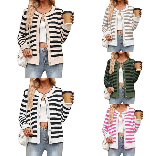 Women's Striped Sweater Button Knit