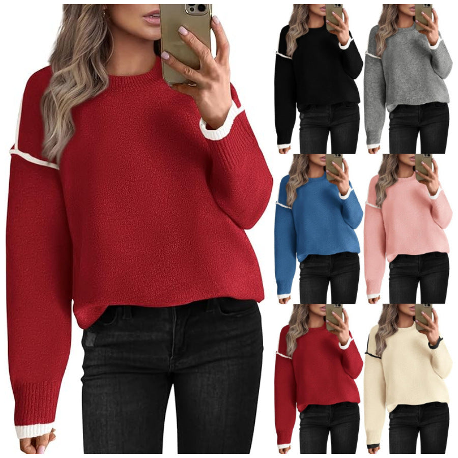 Women's Knitted Sweater With Round Neck Multicolor Cuffs