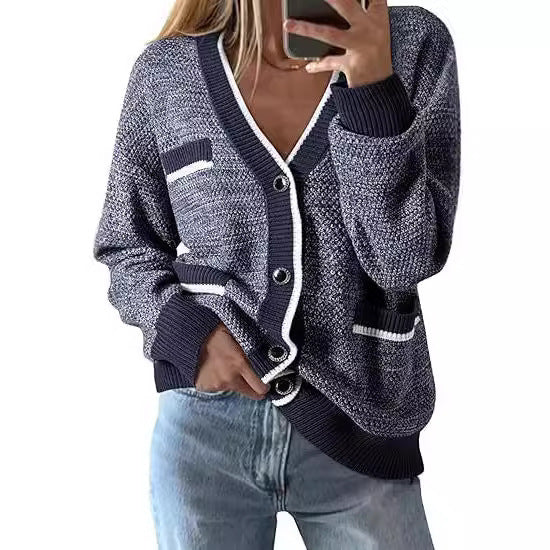 Women's V-neck Pocket Long-sleeved Knitted Cardigan Color Matching
