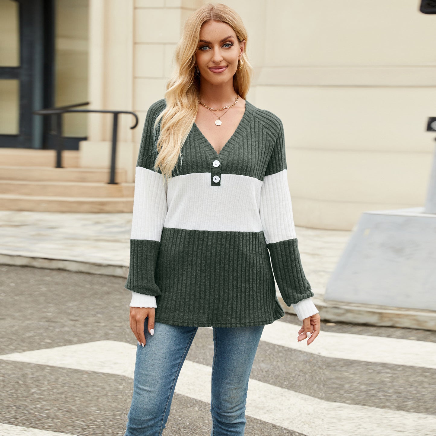 Women's Long Sleeve V-collar Contrast Color Loose Top