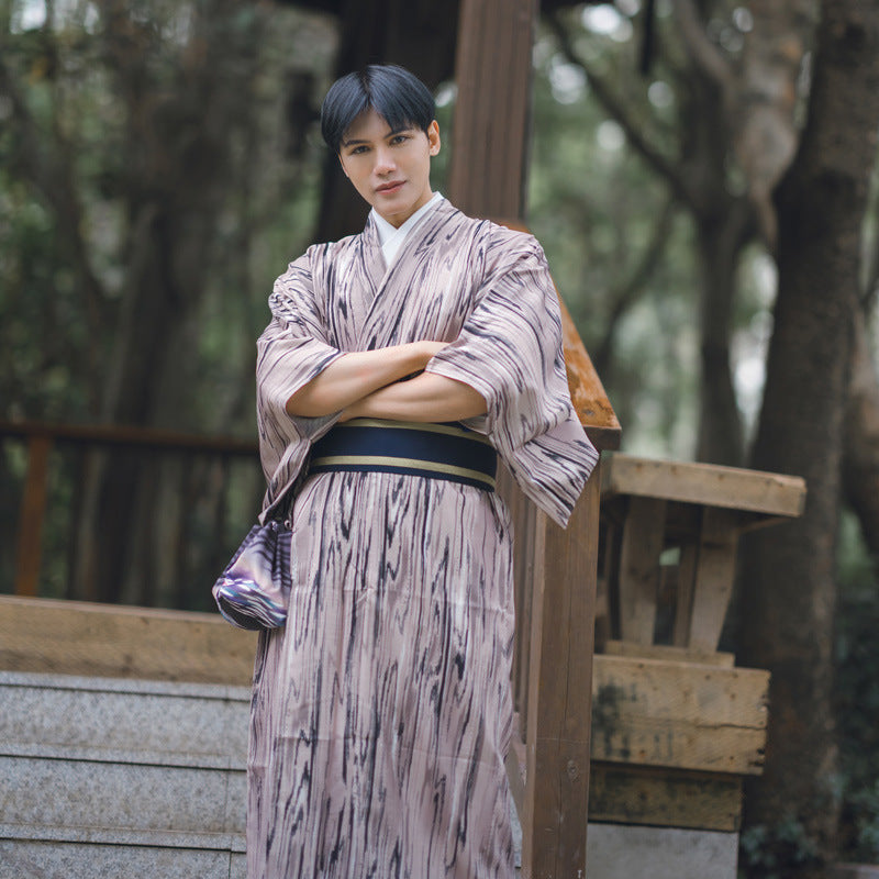 Men's Traditional Warrior Baby Rompers Formal Wear Japanese Kimono Not Wrinkle Material Four Seasons Wood Texture