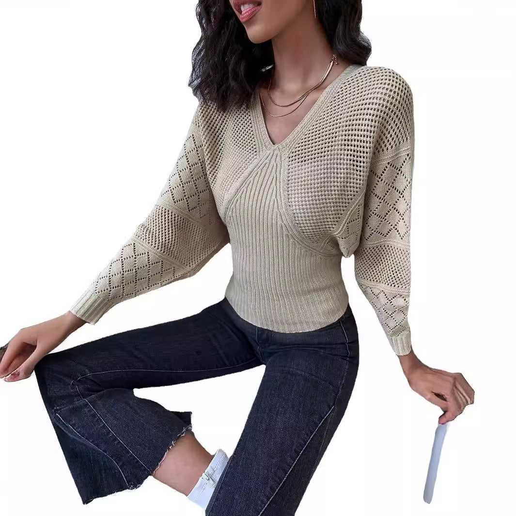 Hollow Pullover Long Sleeve V-neck Sweater For Women