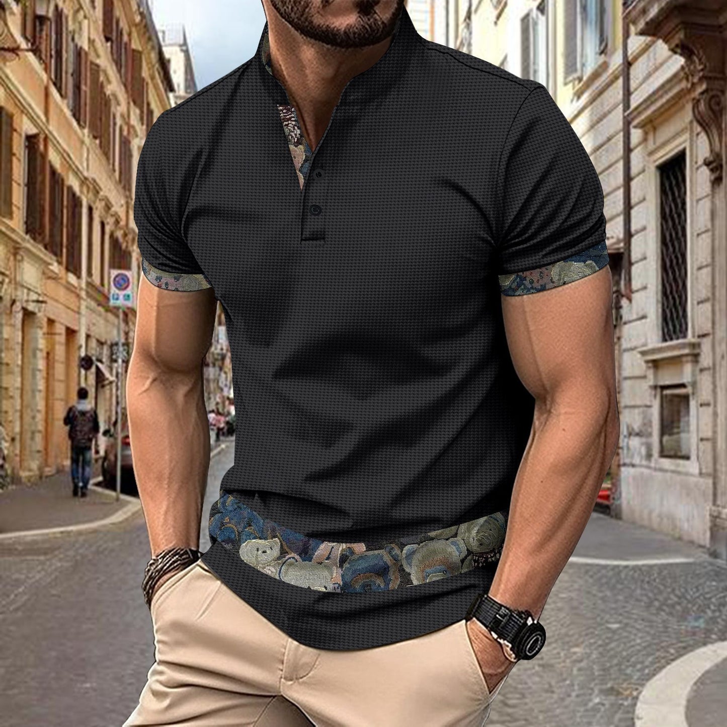 Color Stitching Stand-collar Short Sleeve Button Fashion