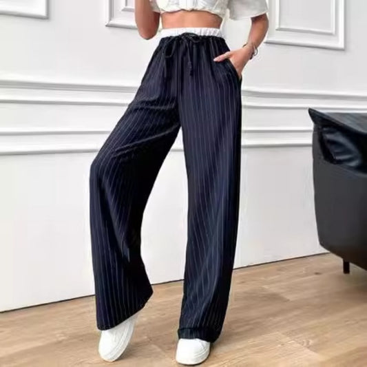 Casual Vertical Stripes Color Matching High Waist Trousers