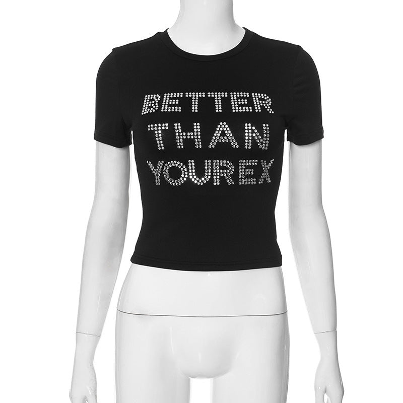 Round Neck All-matching Letter Printing Midriff-baring Short Sleeve