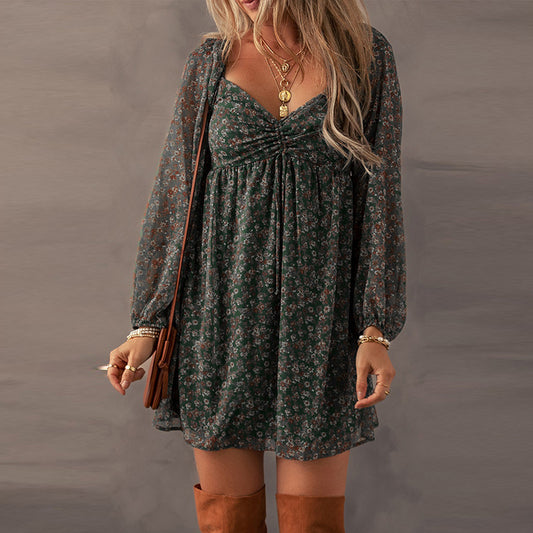 European And American Fashion Floral Print Long Sleeve Dress