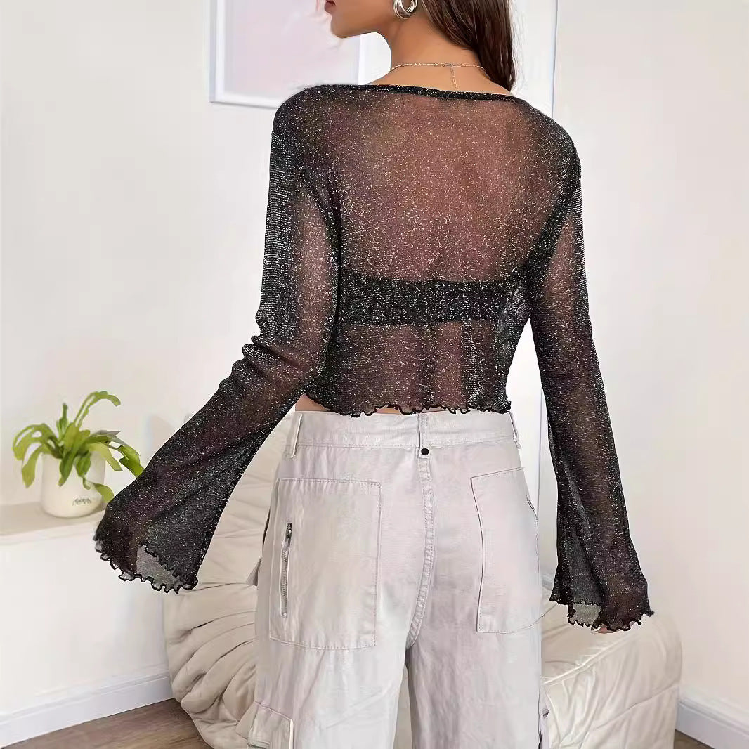 Sequin Gauze Bell Sleeve Casual Women's Clothing