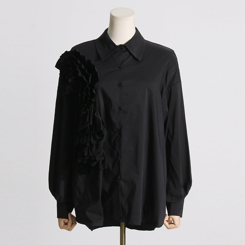 Design Sense Stitching Ruffle Three-dimensional Flower Casual Shirt