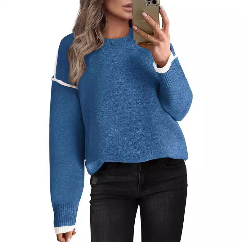 Women's Knitted Sweater With Round Neck Multicolor Cuffs