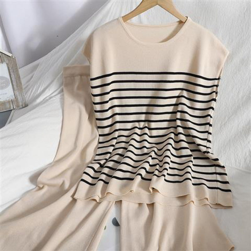 Women's Ice Silk Stripes Pullover Top Slimming Wide Leg Pants Knit Two-piece Suit