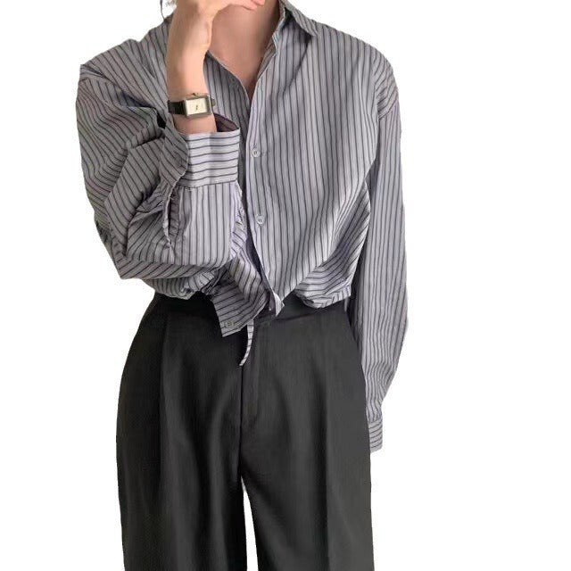Striped Lapel Drawstring Long-sleeved Shirt Women's Loose Short