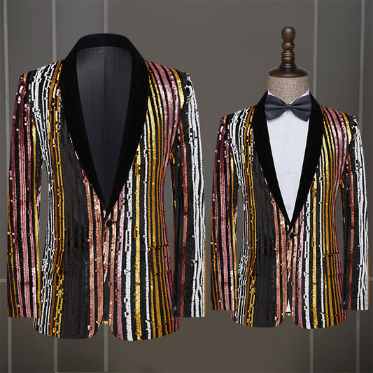 Colorful Sequins Performance Costumes Men's Singer Host Nightclub Dress Stage Performance Slim Fit Trendy Suit Coat