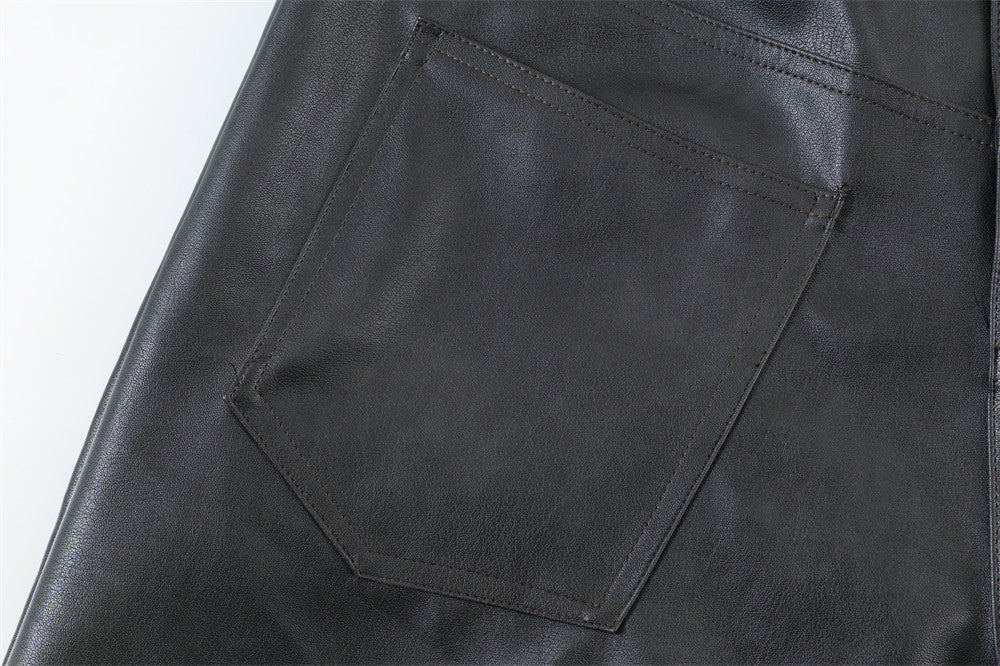 Men's Loose Cool Straight Pocket Inside-out Wear Design PU Leather Shorts