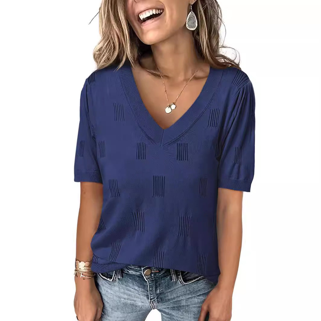 V-neck Lightweight Thin Knit Sweater With Short Sleeves
