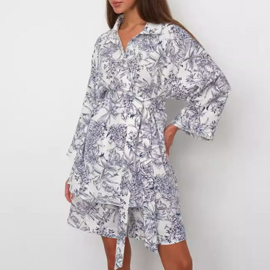 Women's Printed Lace-up Long Sleeve Shirt Loose Two-piece Suit