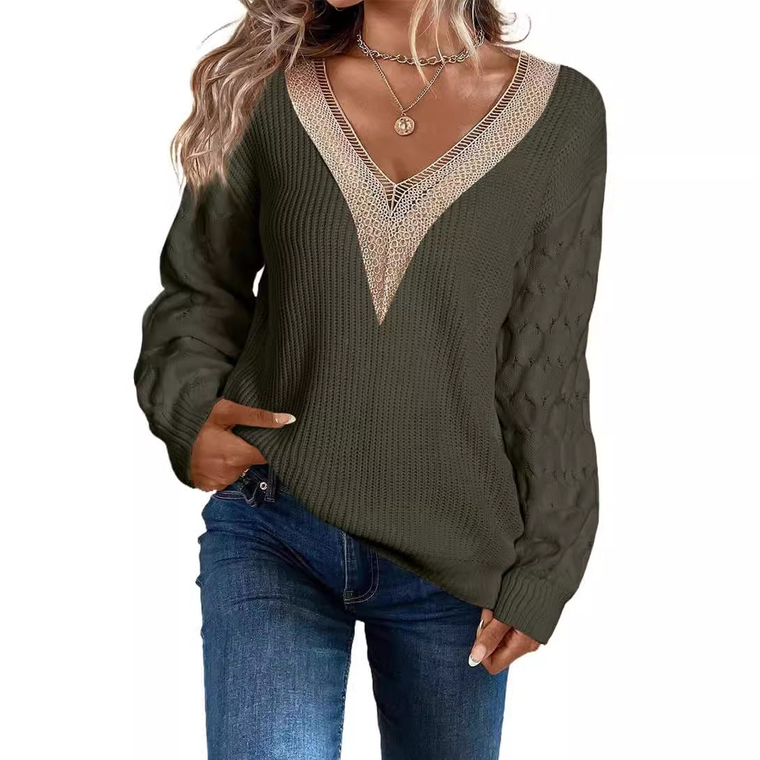Sexy Lace V-neck Knitted Drop-shoulder Pullover Sweater Top