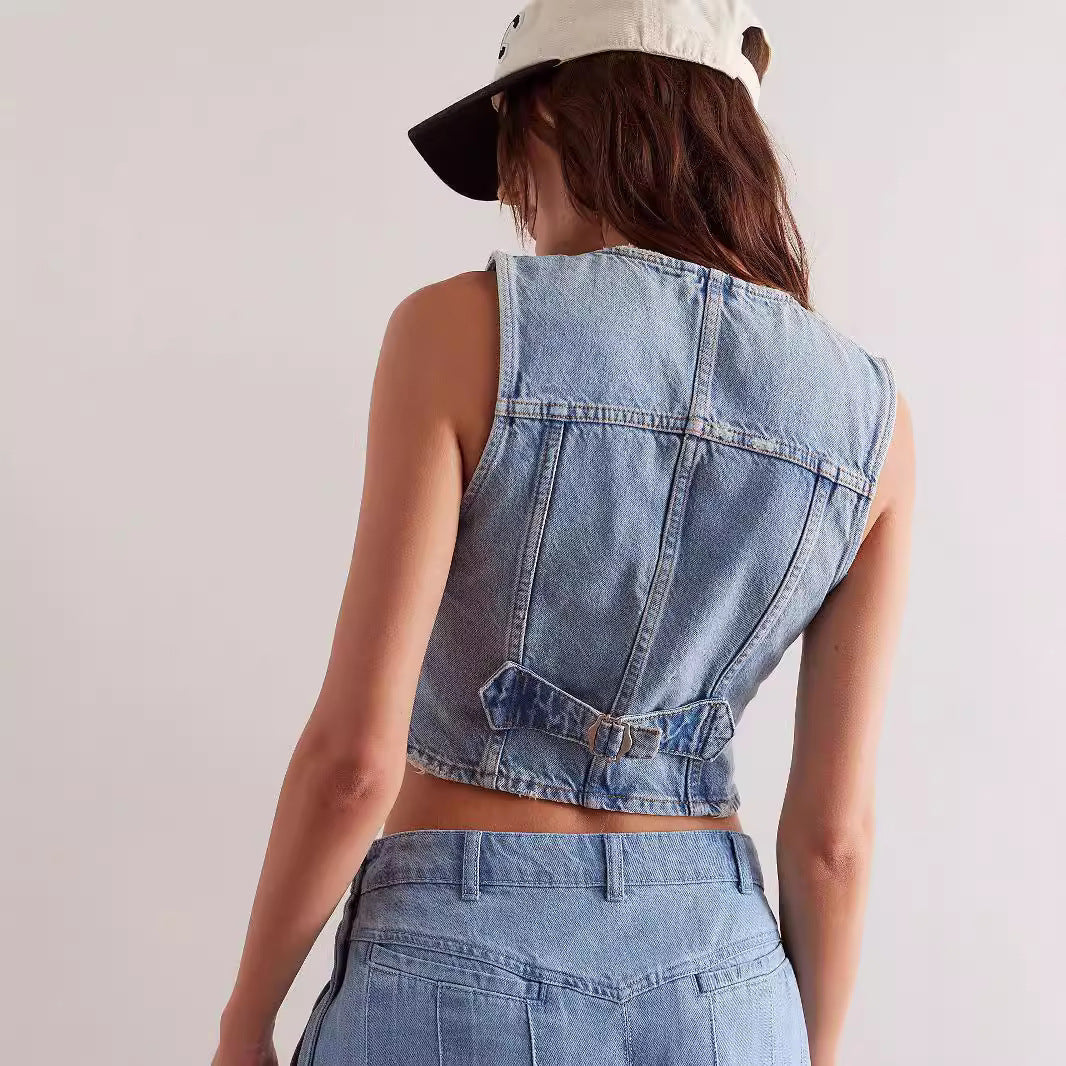 Women's Fashionable Casual V-neck Denim Top