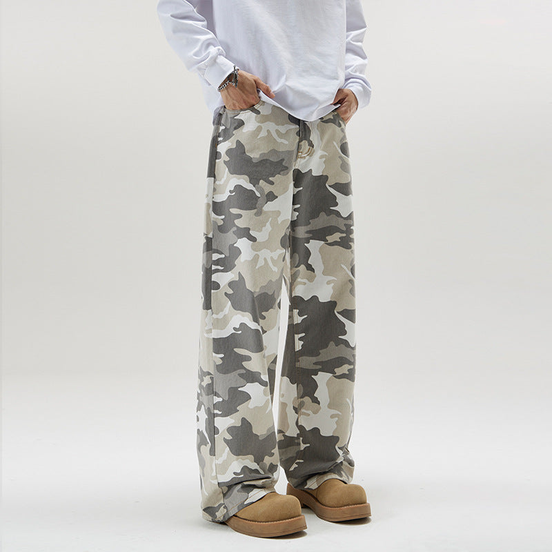 American Retro High Street Gray White Camouflage Pants