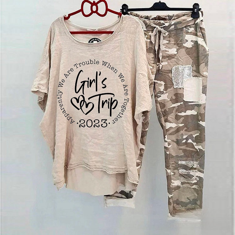 Casual Suit Women's Cotton And Linen Heat Transfer Patch Top Camouflage Printing Sweatpants