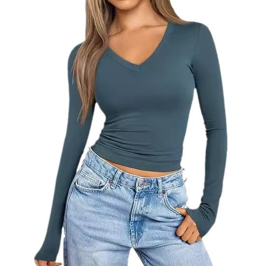 Long Sleeve Tops V-neck Slim Women's T-shirt