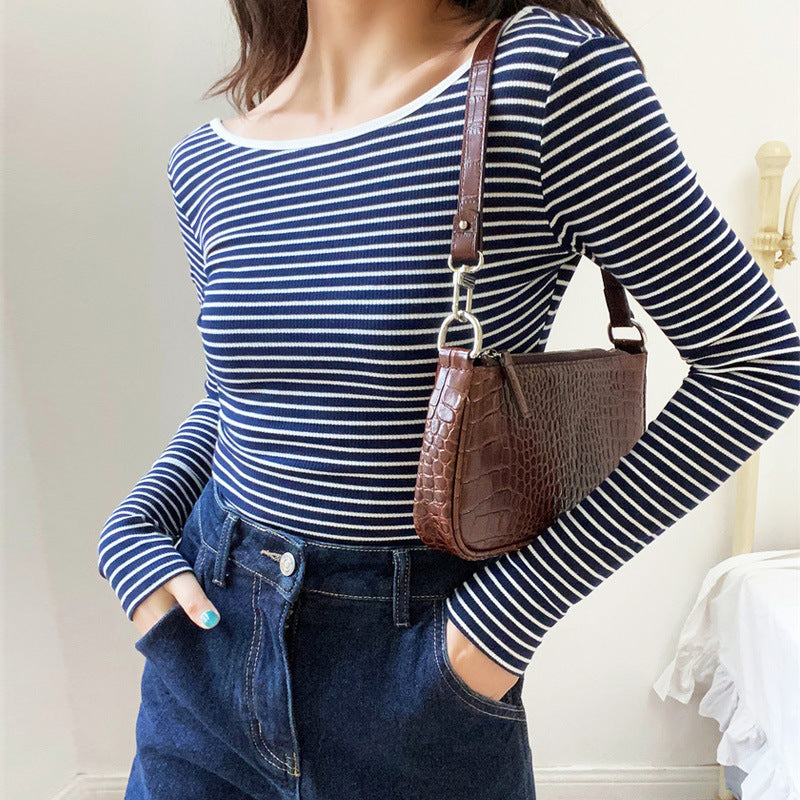 Summer Long-sleeved Striped T-shirt Women's Low Collar Beauty Back Knitted