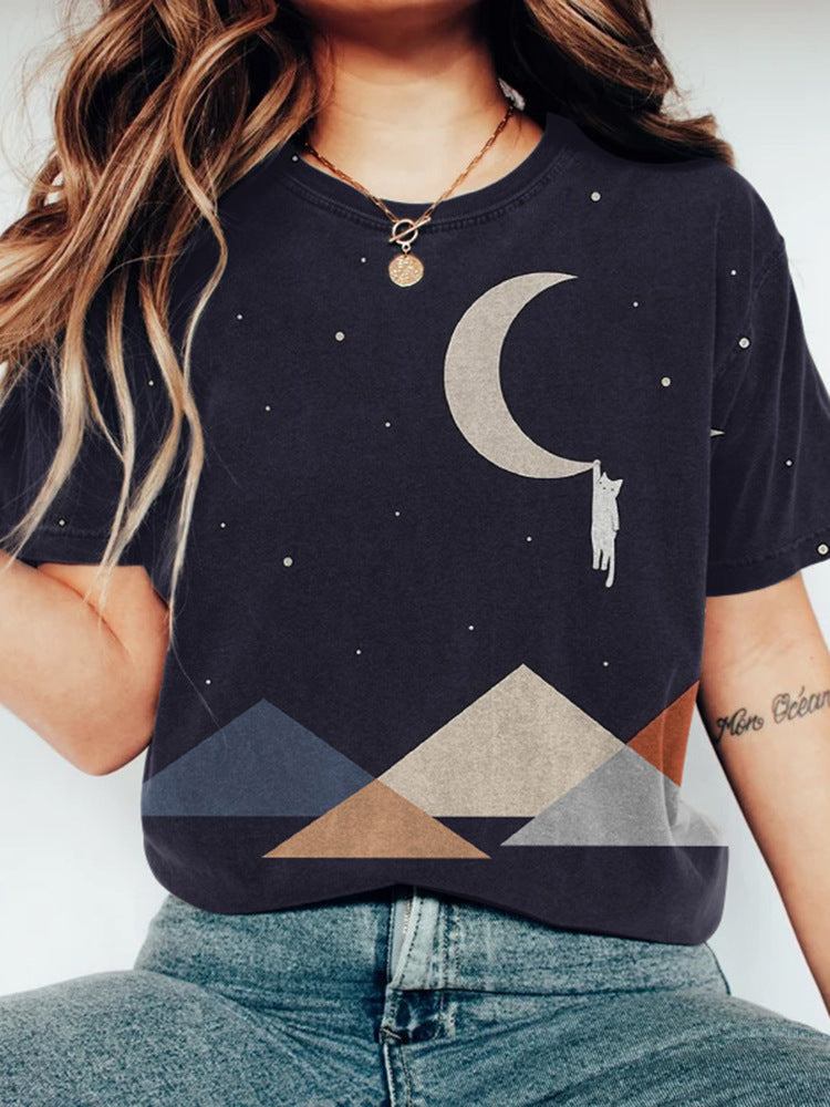 Women's Printed Round Neck Pullover Short Sleeved Shirt