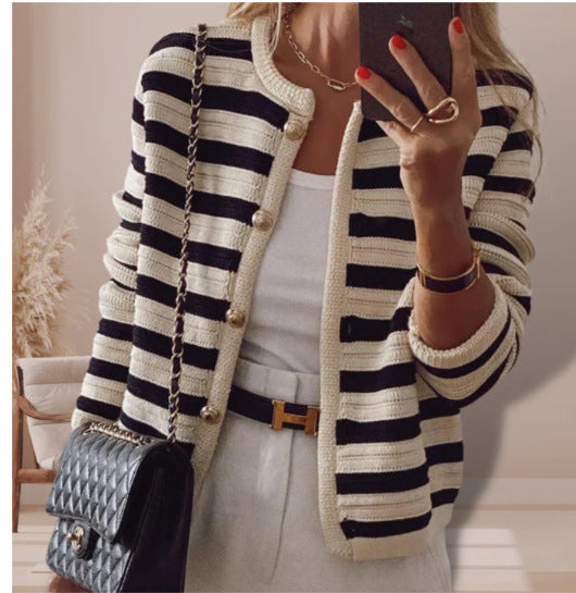 Lazy And Versatile Sweater Striped Knitted Button Round Neck Cardigan Casual Outerwear